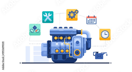 Engine Maintenance & Service Management Illustration: Automotive Repair, Diagnostics, Schedule & Performance System Concept