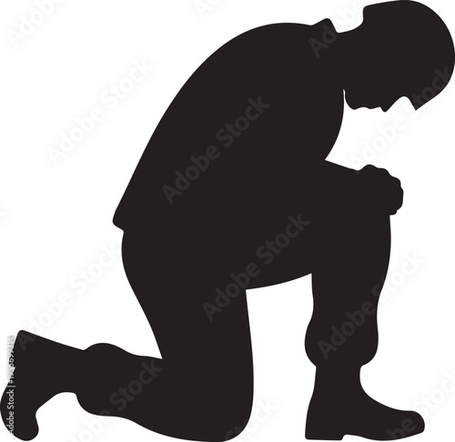 Military soldier kneeling silhouette vector illustration of army veteran in prayer pose