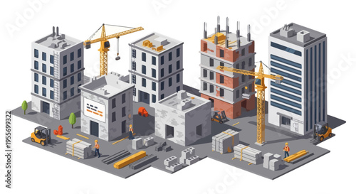 Isometric City Construction Site: Urban Development with Buildings Under Construction, Cranes, Workers, and Materials