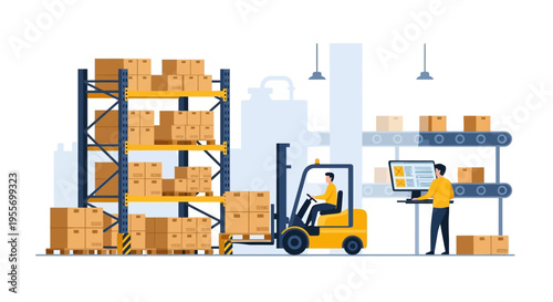 Warehouse Logistics and Inventory Management with Forklift, Racks, and Computer System - Supply Chain Automation