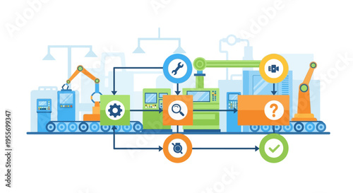 Industrial Automation Process Flow with Robotics, Quality Control & Monitoring. Modern Manufacturing Production Line Workflow