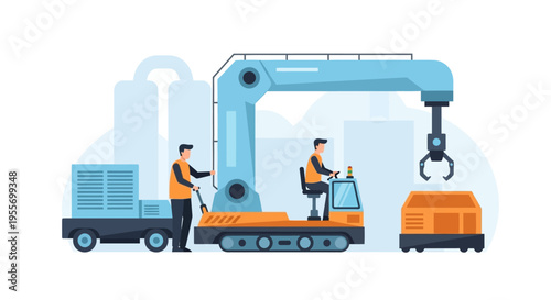 Industrial Automation & Logistics: Factory Workers Operating Robotic Crane & Material Handling Equipment in Modern Manufacturing