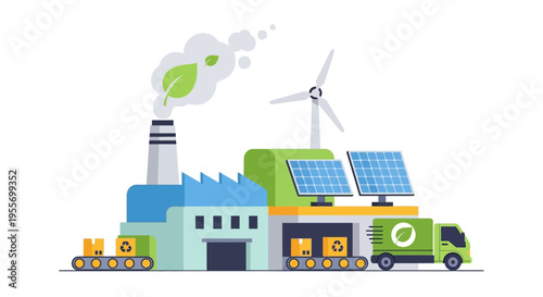 Green Factory and Sustainable Manufacturing with Renewable Energy, Eco Logistics, and Recycling - Clean Industry Illustration