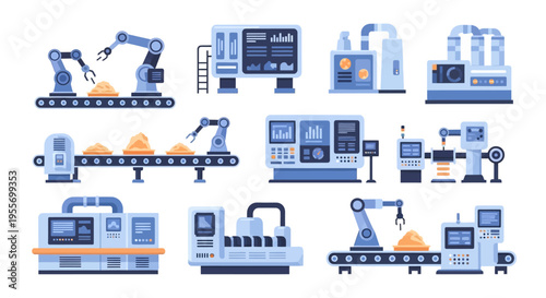 Industrial Automation and Robotic Manufacturing Equipment Flat Vector Set: Production Line Robots, Conveyor Belts, and Control Panels for Smart Factory Concepts