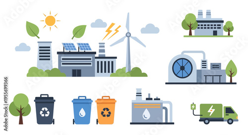 Sustainable Energy, Green Technology & Eco-Friendly Solutions Icon Set: Featuring Solar Panels, Wind Turbines, Recycling, Water Conservation & Electric Vehicles