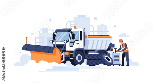 Snowplow Truck with Worker Preparing for Winter Snow Removal and Road De-icing