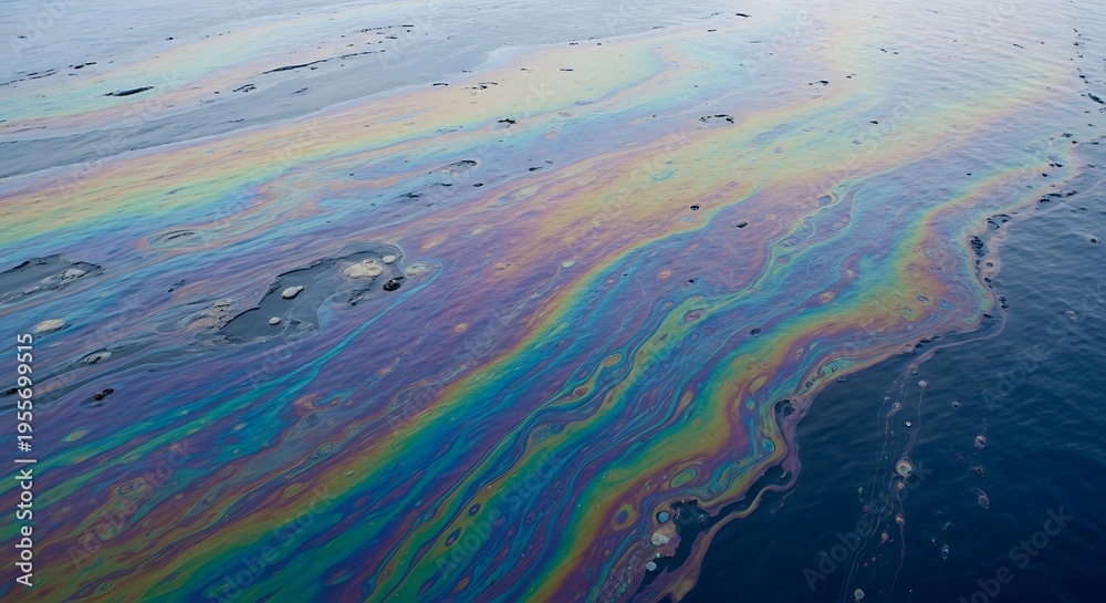 Fototapeta premium A vibrant rainbow sheen of iridescent oil is widely spread across the surface of the dark ocean water, indicating environmental pollution.