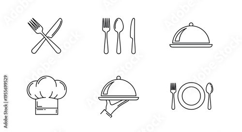 Modern corporate duo-tone flat vector icons set culinary chef toque cloche and cutlery isolated on white background