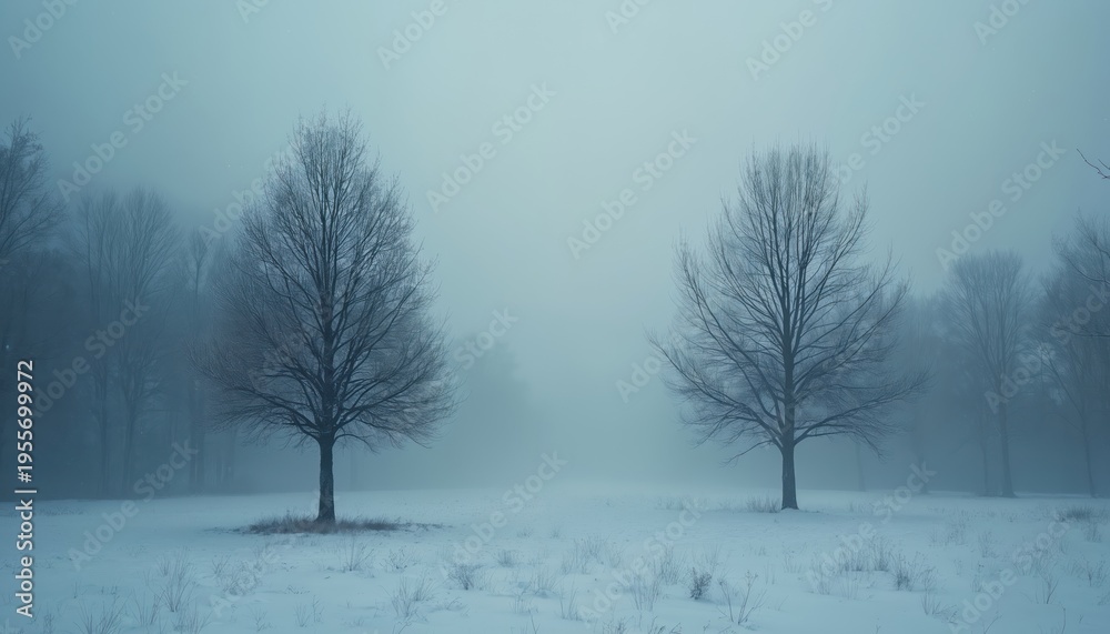 Obraz premium Bare trees stand in a snowy field, shrouded in thick winter fog. A quiet, desolate landscape fades into atmospheric haze. Cold, stark, and peaceful nature scene.