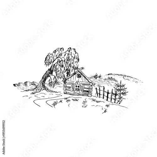 Rural landscape with a field and a cottage in grunge sketch vector illustration.