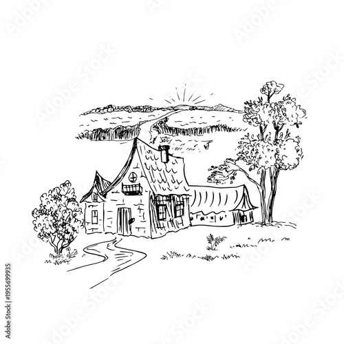 Rural landscape with a field and a cottage in grunge sketch vector illustration.