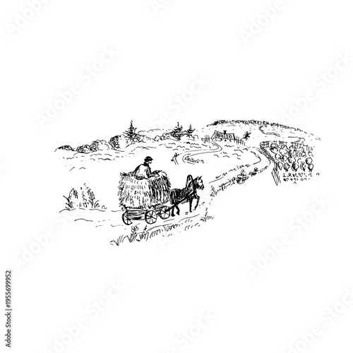 Rural landscape with a field , a cottage , a cart of hay with a horse  in grunge sketch vector illustration.
