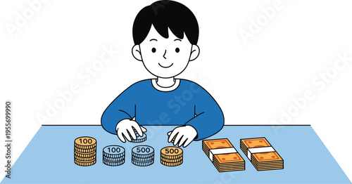 Child counting cookies and snacks on table learning math concept education activity simple cartoon vector illustration