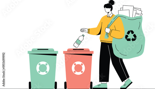 Woman recycling waste with sorting bins and eco bag sustainability environmental protection concept modern flat vector illustration