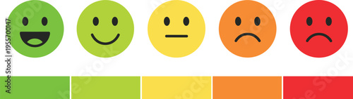 Colorful feedback rating scale with five circular faces from happy to sad, survey satisfaction levels, customer experience evaluation vector illustration for business use