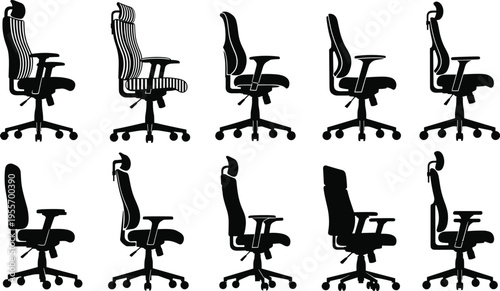 Black office chairs on wheels in various positions and styles desk chairs ergonomic