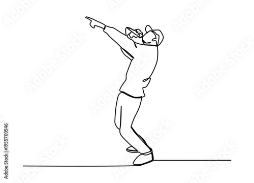 Continuous one line art of young happy male pop singer holding microphone and singing on music concert stage. 
