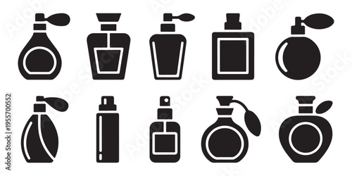 Perfume bottles vector silhouette icons set for elegant fragrance and cosmetic products illustration