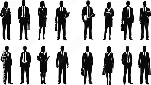 Black silhouettes of business people standing with briefcases and laptops white