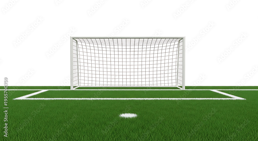 Fototapeta premium Soccer goal on green field with white lines and net