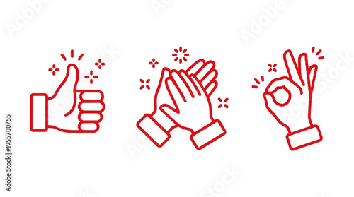 Three red hand icons with thumbs up clapping and okay sign on white background for feedback and approval