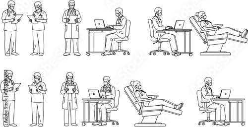 Line drawing illustration of medical professionals and patients in healthcare settings, doctors with charts, laptops, and reclining chairs, clinical hospital design concept artwork