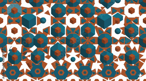 Abstract Isometric Cubic Pattern with Teal and Terracotta Geometric Hexagon Shapes
