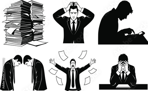 Businessmen experiencing stress and frustration at work with paperwork stressed frustrated businessman