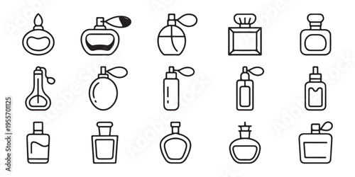 A set of fifteen diverse perfume bottle outlines, showcasing various designs and dispensing mechanisms