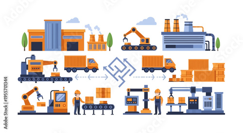 Integrated Supply Chain Logistics and Manufacturing Production Process Automation Illustration