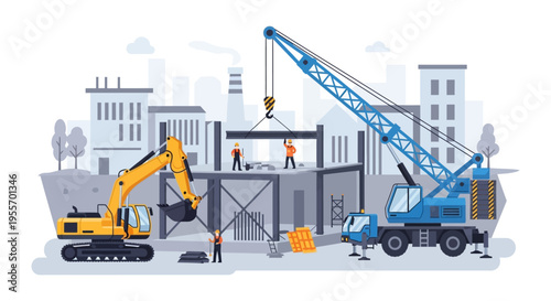 Construction site with heavy machinery, crane, excavator, and workers building a new structure in an urban setting. Flat vector illustration for development projects.