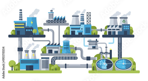 Industrial Manufacturing Complex Flat Design Illustration: Energy Production, Waste Treatment, and Environmental Processes