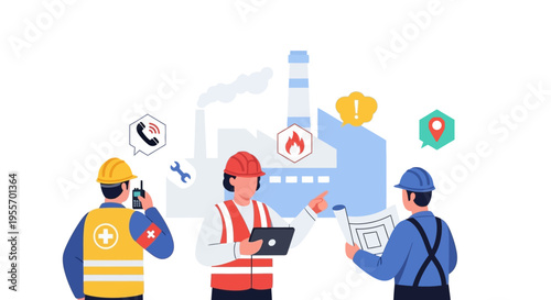 Factory Safety & Operations Team: Workers Discussing Plans for Industrial Site Management, Maintenance, and Emergency Response
