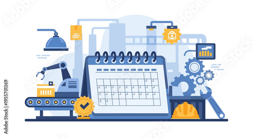 Manufacturing Production Schedule and Industrial Process Planning. Factory Management with Automation, Gears, and Project Timeline Icons.