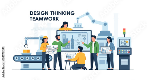 Design Thinking Team Collaboration for Engineering and Product Development. Innovation Process, Industrial Automation, and Project Management Concept Illustration.