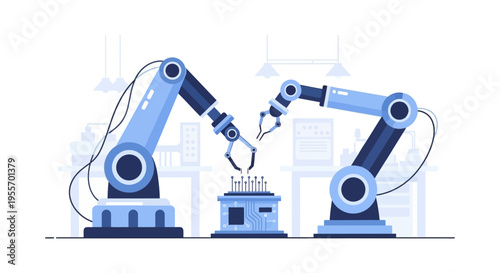 Automated Robotic Arms Assembling Microchip Components in Modern Manufacturing Plant