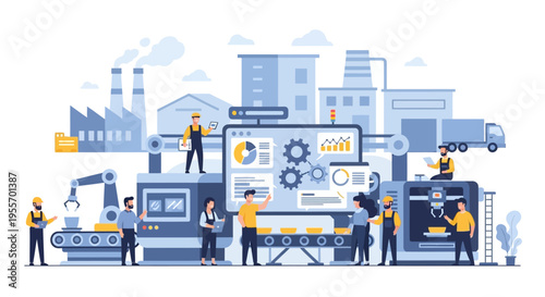 Modern Manufacturing & Industrial Automation with Workers Operating Smart Factory Production Lines and Data Management Systems