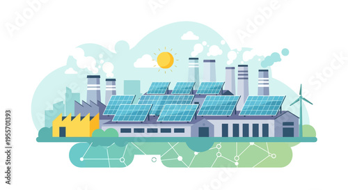 Green Energy Industrial Complex: Factory with Solar Panels, Wind Turbine, and Smokestacks. Renewable Power, Sustainable Technology & Climate Change Illustration