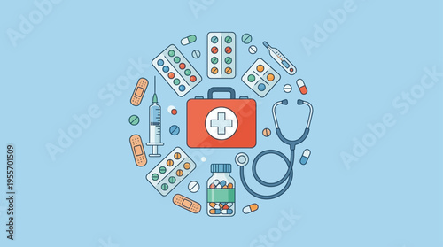 Comprehensive illustration of essential medical supplies forming a Human-Centered Sustainable Healthcare Ecosystem, emphasizing accessible and holistic care elements for wellbeing and community health