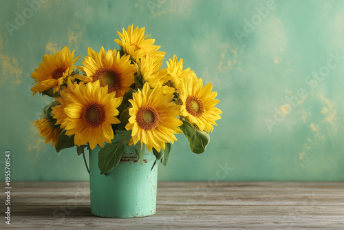 Bright sunflowers in a metal bucket on a wooden table