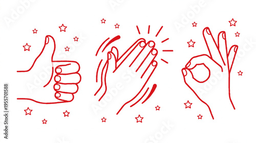 Friendly feedback gesture set with thumbs up clap and ok hand sign in red outline on white background with stars