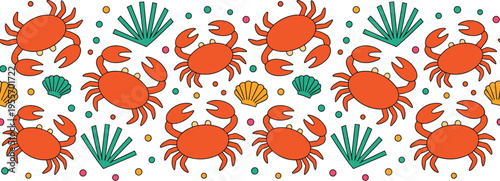 Seamless pattern with orange crabs seashells and sea plants colorful underwater marine life illustration design