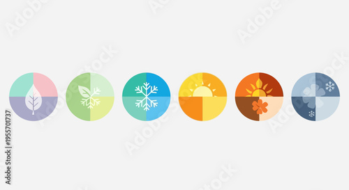 Four Seasons and Weather Transition Icons Set, Minimalist Flat Vector Design featuring Sun, Snowflake, Leaf, and Flower symbols