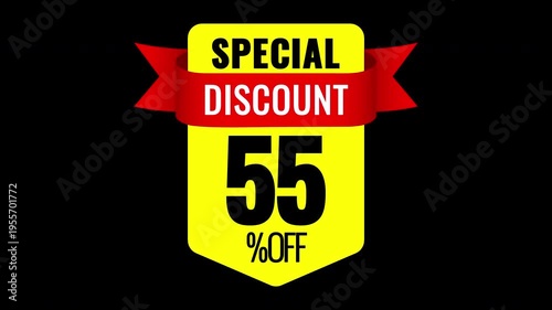 55 percent special discount badge animation yellow red sale label on transparent background