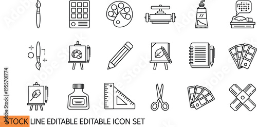 Art and Design Line Icon Set Featuring Painting Tools, Drawing Supplies, Creative Equipment, Editable Stroke Vector Collection for Artists, Designers, and Digital Projects