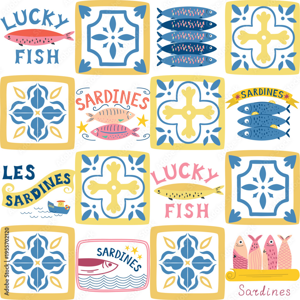 Fototapeta premium Mediterranean tile and sardines fish seamless pattern. Italian summer patchwork, mosaic print with ceramic ornament, seafood Vector hand drawn textile design, background, wallpaper, wrap paper