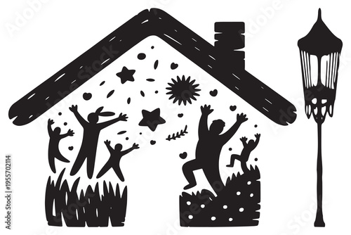 A simple black and white illustration of a house with a chimney and plants