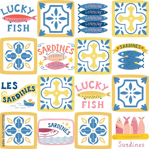 Mediterranean tile and sardines fish seamless pattern. Italian summer patchwork, mosaic print with ceramic ornament, seafood Vector hand drawn textile design, background, wallpaper, wrap paper