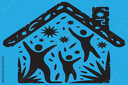 A simple black and white illustration of a house with a chimney and plants