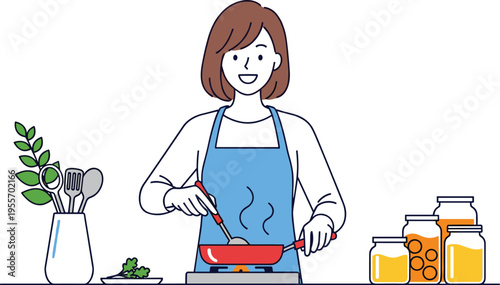 Woman cooking in kitchen with frying pan utensils and ingredients home cooking lifestyle illustration design